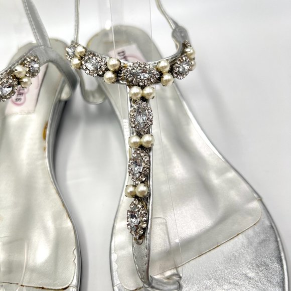 6.5W 6.5 WIDE Dyeables Silver Jeweled T-Strap Low Wedge‎ Dress Sandals Shoes - Picture 4 of 13